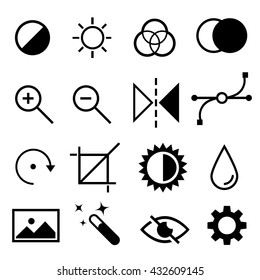 Set of flat black and white editing icons. Contrast, brightness, hue, color, filter, curve, levels symbols. Vector illustration isolated on white background