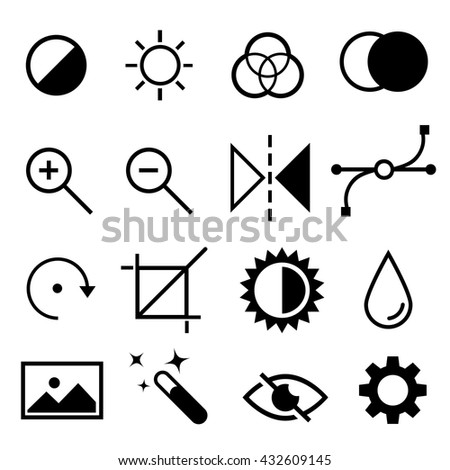 Set of flat black and white editing icons. Contrast, brightness, hue, color, filter, curve, levels symbols. Vector illustration isolated on white background