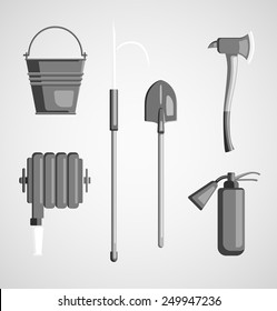 Set of flat black and white monochrome vector icons on light background. Instrument, equipment or volunteer fireman. Fridge magnet, T-shirt printing, set for collage, illustration for children's books