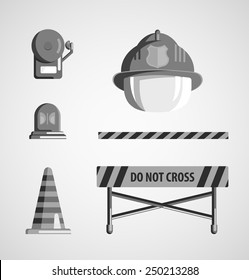 Set of flat black and white monochrome vector icons on light background. Instrument, equipment or volunteer fireman. Fridge magnet, T-shirt printing, set for collage, illustration for children's books