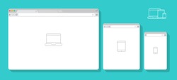 Set of Flat blank browser windows for different devices. Vector. Computer, tablet, phone sizes. Device Icons: smart phone, tablet and desktop computer. Vector illustration of responsive web design.