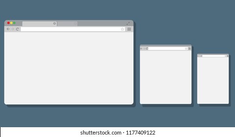 Set of Flat blank browser windows for different devices. Computer, tablet, phone. Vector illustration.
