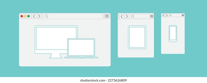 Set of Flat blank browser windows for different devices. Vector. Computer, phone sizes. Device Icons: smart phone and desktop computer. Vector illustration of responsive web design.