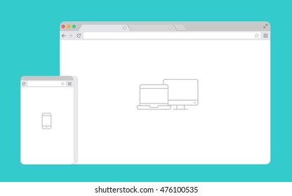 Set Of Flat Blank Browser Windows For Different Devices. Vector. Computer, Phone Sizes. Device Icons: Smart Phone And Desktop Computer. Vector Illustration Of Responsive Web Design.