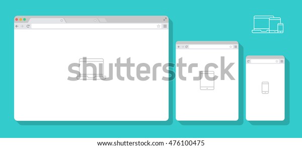 Set of Flat blank browser windows for different\
devices. Vector. Computer, tablet, phone sizes. Device Icons: smart\
phone, tablet and desktop computer. Vector illustration of\
responsive web design.