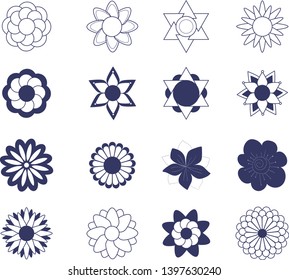 Set of flat blue flower icons in silhouette. Hand draw flowers for tiles, ceramic and backgrounds- Vector