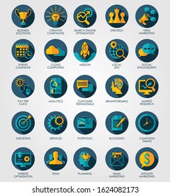 Set of flat blue and gold design icons for Business, SEO and Social media marketing