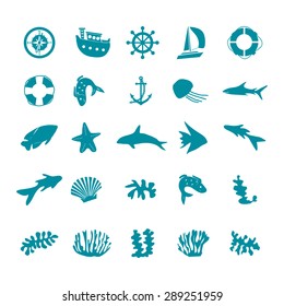 Set of flat blue icons marine life on the white background. Vector illustration.