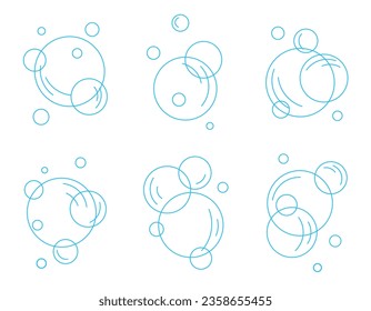 Set of flat blue line bubbles. Soap foam, carbonated drink, oxygen bubble pictogram, vector illustration.