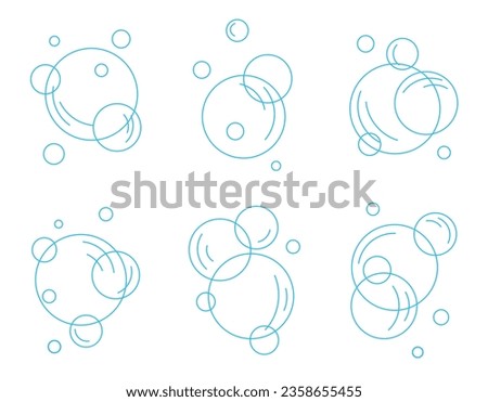 Set of flat blue line bubbles. Soap foam, carbonated drink, oxygen bubble pictogram, vector illustration.