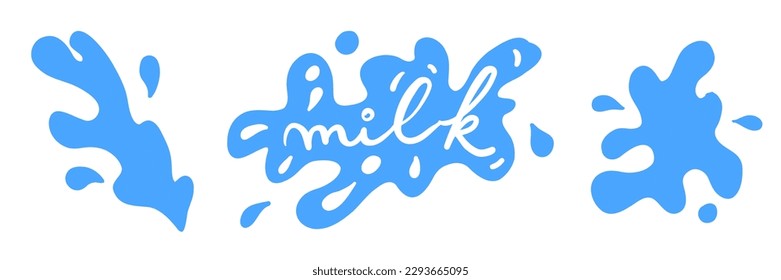 Set flat blue milk splash and blot with text Milk. Isolated vector shapes on white background for logo, icon, product desig, advertising, baby t-shirt print