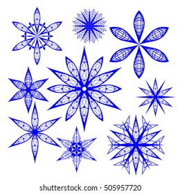 Set of flat blue snowflake made of thin lines and floral elements. Snowflakes with sharp angles, geometric shapes, diamonds and lace elements. Winter design for holiday, New Year, Christmas. vector