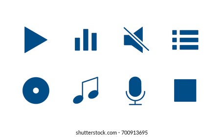Set of flat blue vector music icons, minimal style design
