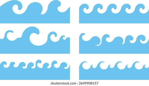 Set of Flat Blue Wave Borders Vector Illustration for Marine Decoration, Ocean Design, and Nautical Graphic Elements