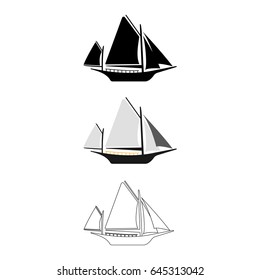 Set of Flat Boat icon. Cartoon, Outline, Silhouette Vector illustration.