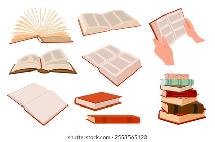 Set of flat books. Open book, Stack of books on a white background. Pile of books. Hardback books composition. Colored cartoon vector illustration. Literature, dictionaries, encyclopedias