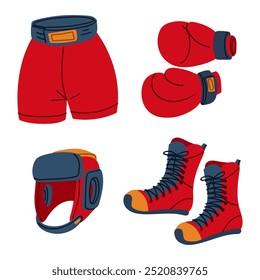 Un conjunto de accesorios de boxeo plano para el entrenamiento. Guantes de boxeo, casco, pantalones cortos, botas. Una colección de artículos deportivos en colores rojo, azul y amarillo. Objetos aislados en blanco. Ropa
