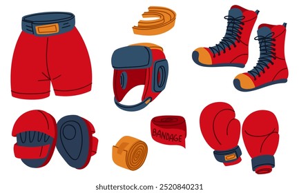 Conjunto de accesorios de boxeo plano para el entrenamiento. Guantes de boxeo, casco, guantes de perforación, protector bucal, pantalones cortos, vendaje, botas. colección de artículos deportivos en colores rojo, azul y amarillo. Aislado en blanco