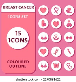 Set Of Flat Breast Cancer 15 Icons On White And Pink Abstract Circles Background.