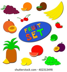 A set of flat bright fruits and berries, whole or sliced. Vector illustration, EPS10, isolated on white.