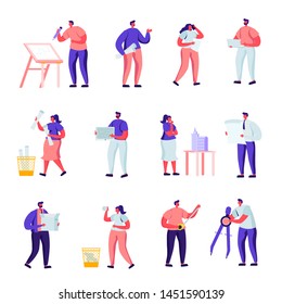 Set of Flat Building, Design and Engineering Workers Characters. Cartoon People Architects, Graphic Designers and Engineers Working on Projects, Painting on Blueprints. Vector Illustration.