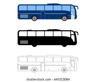 Set of Flat Bus icon. Cartoon, Outline, Silhouette Vector illustration.