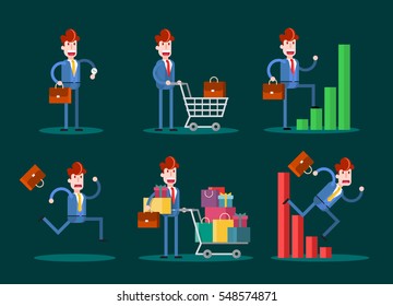 Set of Flat Business Concepts on Dark Background. Isolated Flat Vector Illustration. 