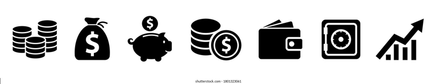 Set Flat Business Finance Icons, Money Signs. Money Coins Silhouette Collection - Stock Vector