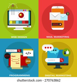 Set of flat business icons and elements for web design, mail marketing, programming and digital marketing