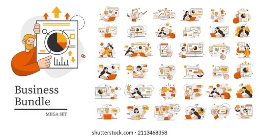 Set of flat business illustration. Global marketing concept. Vector illustration. Remote work. Management at office. Character manager corporate with social community. 