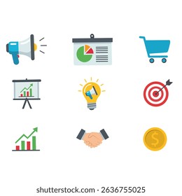 Set of flat business and marketing icons including megaphone, chart, shopping cart, lightbulb, handshake, target, and money coin. Colorful vector for finance and advertising design