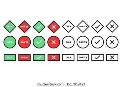 Set of flat buttons: green check marks and red crosses. Vector illustration flat design