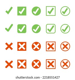 set of flat buttons: green check marks, red crosses, right and wrong icons isolated on white