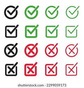 Juego de botones planos. garrapatas verdes y cruces rojas. Círculo y cuadrado y diferente espesor de las líneas. Gráficos vectoriales. ESP 10.