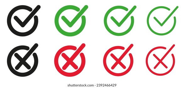 Set of flat buttons. Green ticks and red crosses. Circle and different thickness of lines. Vector graphics. ESP 10.