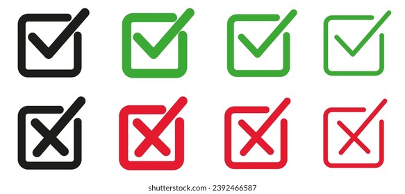 Juego de botones planos. garrapatas verdes y cruces rojas. Cuadrado y diferente espesor de las líneas. Gráficos vectoriales. ESP 10.