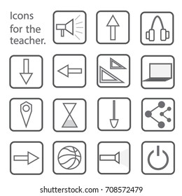 Set of flat buttons megaphone, speaker, arrows, headphones, laptop, computer, hourglass, orange basketball ball, shovel. Image for web designer. Buttons for the gamer.