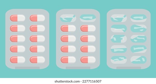 Set of flat capsule icons isolated on a blue background. Medicines are oval in shape. White and red tablets. Empty blister pack. Vector illustration of medicine. Hospital, prescription of medicines