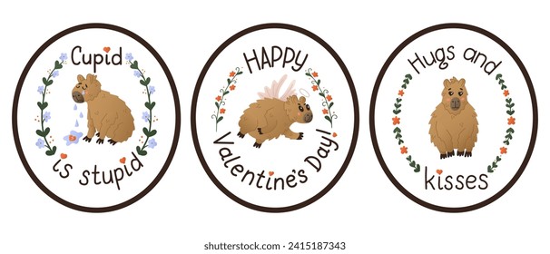 Set of flat capybaras stickers with hand lettering. St Valentines day typographic concept. Cute animal characters with floral frames. Isolated sticker with love lettering on white background