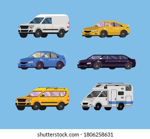 Set of flat Car. Transport collection, limousine, family car, sedan and truck. Vector illustration