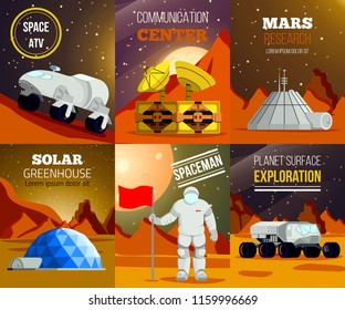 Set of flat cards of planet colonization with spaceman research of mars exploration equipment isolated vector illustration 