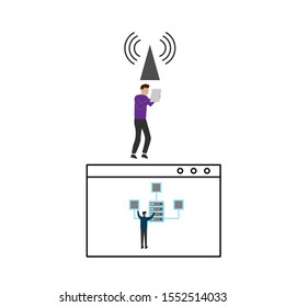 Set of flat cartoon character isolated with man and signal level sign, man and server, browser window