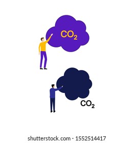 Set of flat cartoon character isolated with two people and a cloud of co2