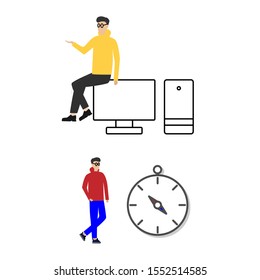 Set of flat cartoon character isolated with man and computer, man and compass