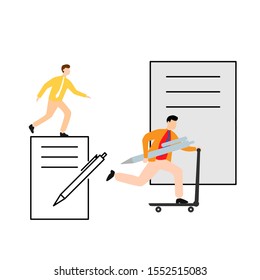 Set of flat cartoon character isolated with man and document with pen, man on scooter with pen and document