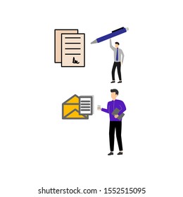 Set of flat cartoon character isolated with man with pen and document, man and letter