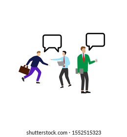 Set of flat cartoon character isolated with two people and speech bubble, man with coffee and speech bubble