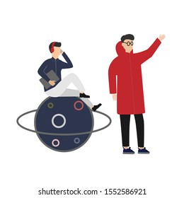 Set of flat cartoon character isolated with man and planet, man in winter jacket