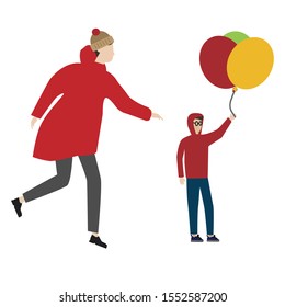 Set of flat cartoon character isolated with man with balloons, man in winter jacket and hat