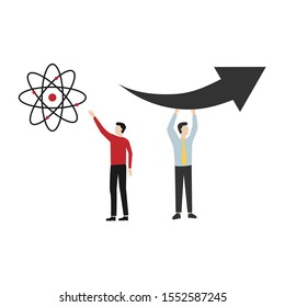 Set of flat cartoon character isolated with man and atom sign, man and arrow